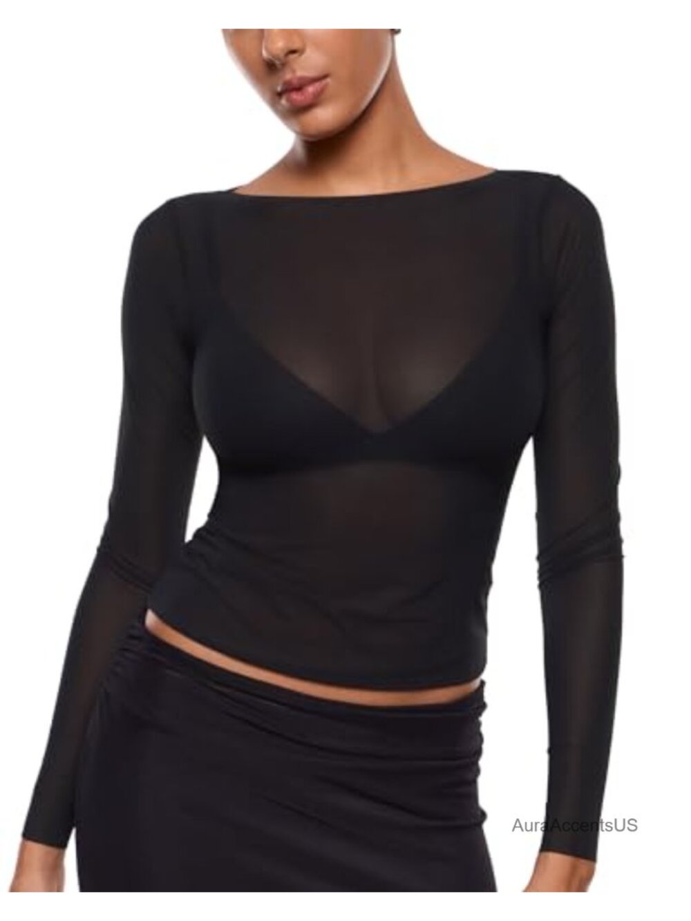 Sheer Mesh Boat Neck Long Sleeve Top Women's High Stretch Polyamide Blend